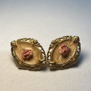 Avon Vintage Victorian Pink Rose Oval Earings